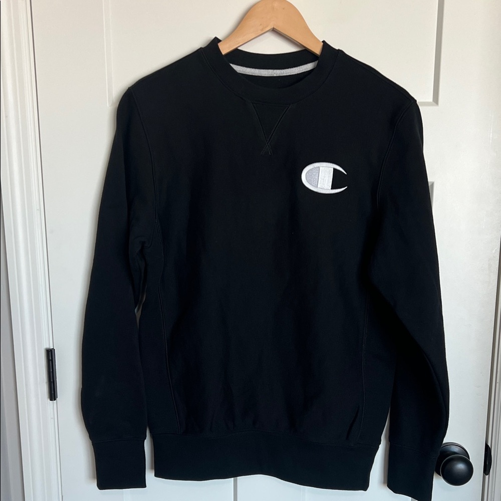 Champion Black crewneck Sweatshirt with White iconic Embroidered Logo